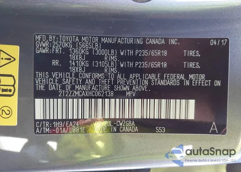 2017 Lexus Rx 350 z USA, uszkodzony, nr VIN 2T2ZZMCAXHC062138